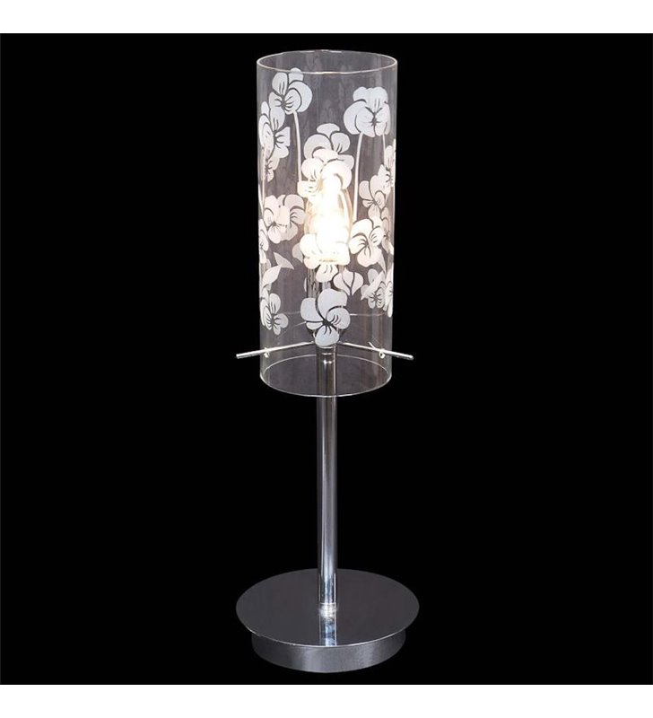 Lampa stołowa Fancy chromowana klosz szklany w kwiaty 