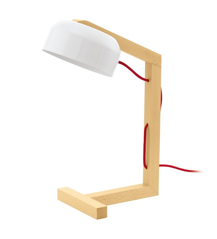 Lampa stołowa Gizzera biały klosz drewniane ramie przewód czerwony styl szwedzki