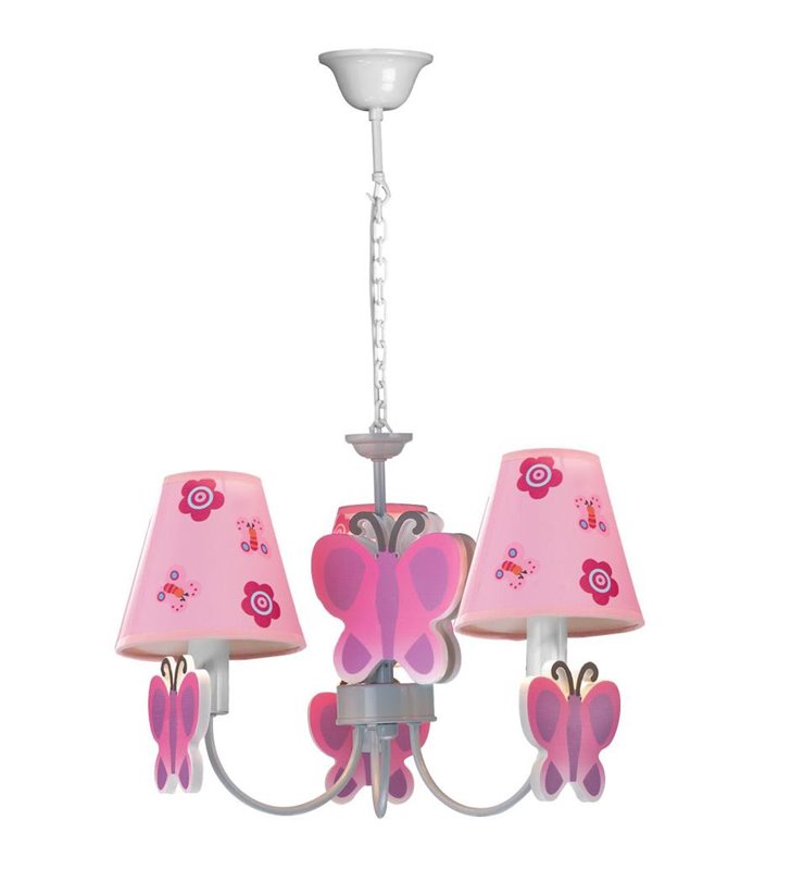 Motylek różowa lampa wisząca żyrandol do pokoju dziewczynki 3 punktowy - OD RĘKI