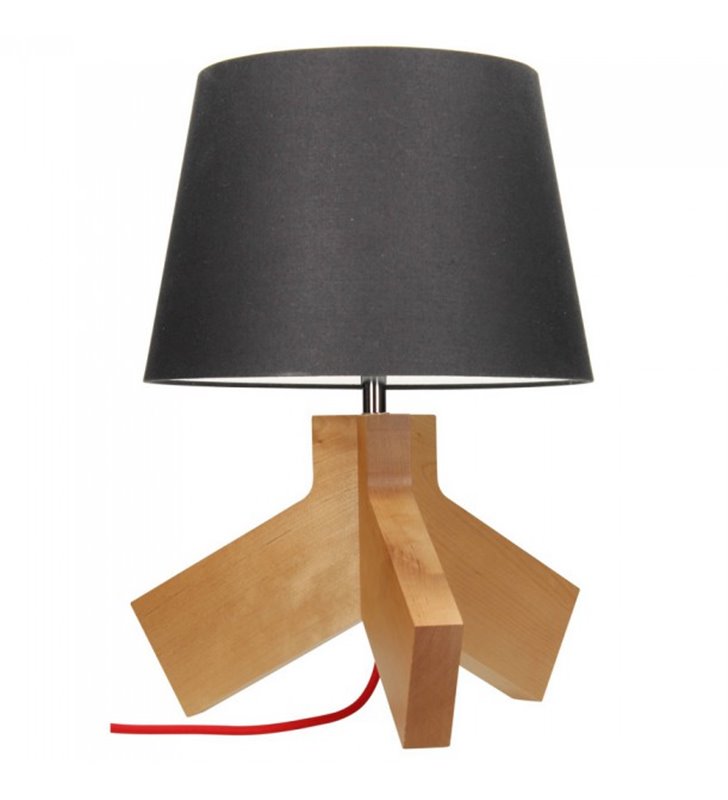 Lampa stołowa Tilda drewniany brzozowy trójnóg abażur kolor antracyt czerwony przewód