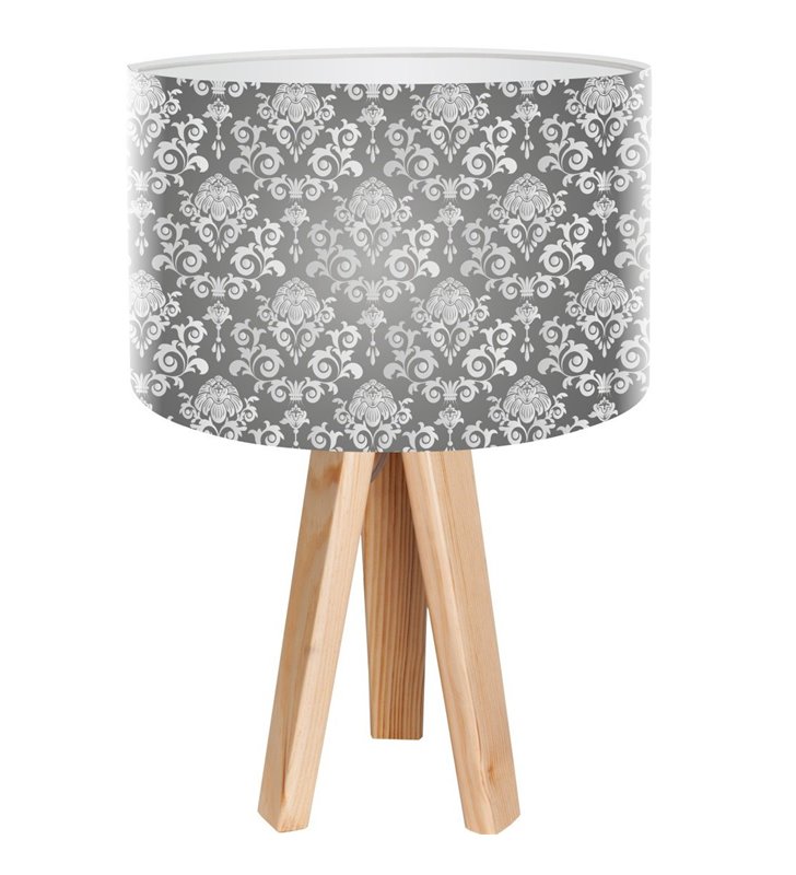 Anielski Deseń lampa stołowa na sosnowym trójnogu szary abażur ze wzorem