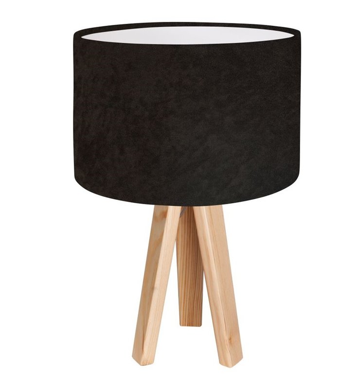 Brązowa lampa stołowa na 3 nogach z drewna welurowy abażur Dalia Biała