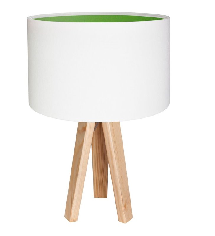 Lampa stołowa Lilia Zielona biały welurowy abażur z zielonym środkiem trójnóg z sosny