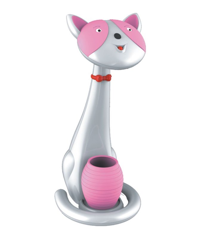 Dziewczęca biało różowa lampka nocna na biurko Kotek LED z przybornikiem włącznik dotykowy 3000-6000K