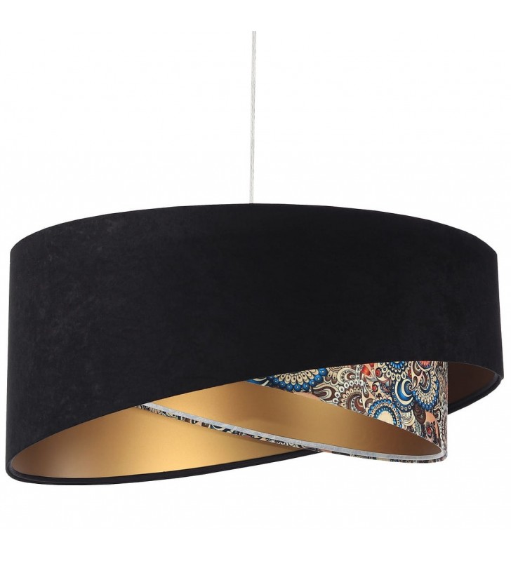 Asymetryczna lampa wisząca Boni czarna z dekoracyjnym abażurem we wzory