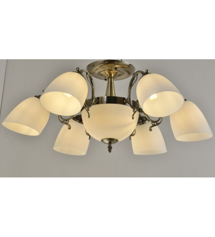 6 ramienna klasyczna lampa sufitowa z amplą Venice mosiądz antyczny szklane białe klosze