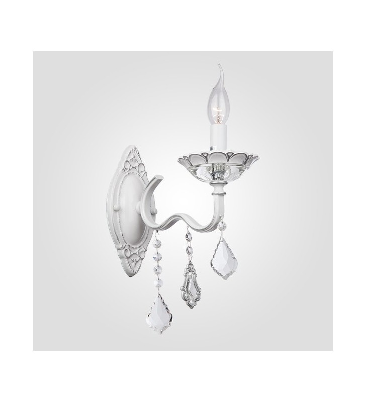 Kinkiet świecznikowy Don Vito pojedynczy biały ze srebrnymi przetarciami kryształki