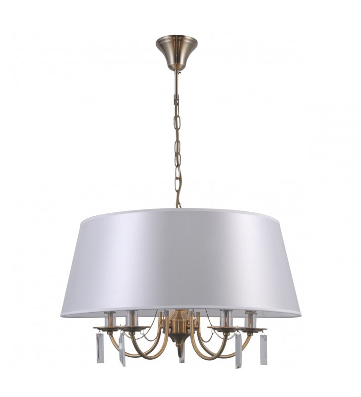 Klasyczna lampa wisząca Solana 5 ramienna z białym abażurem kryształki do sypialni jadalni salonu