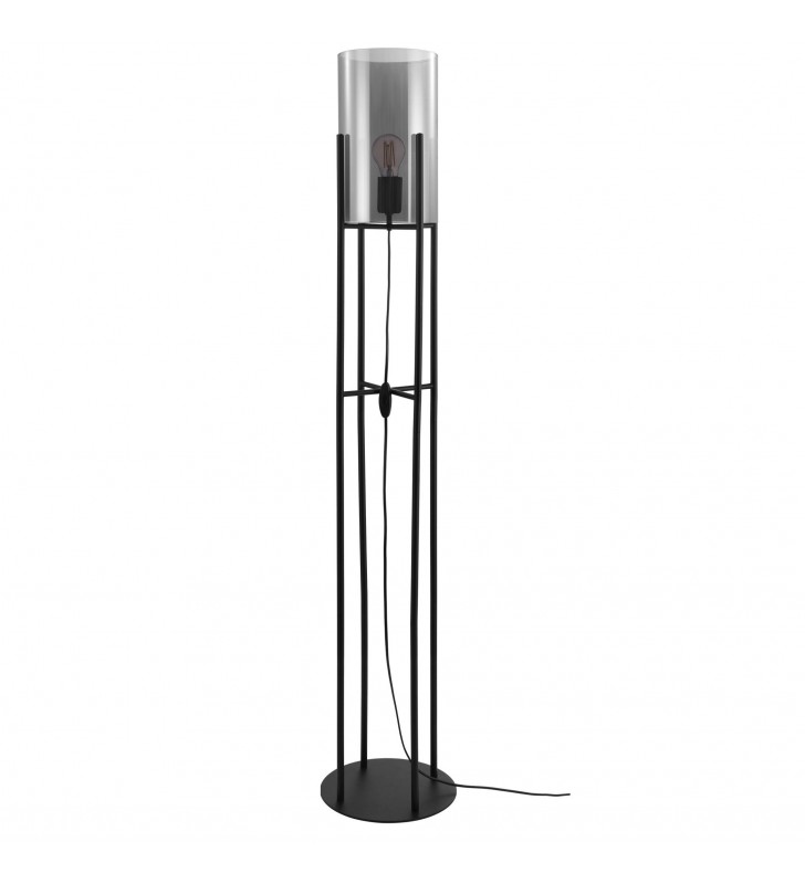 Czarna lampa stojąca Glastonbury metalowa podstawa szklany transparentny klosz do salonu sypialni